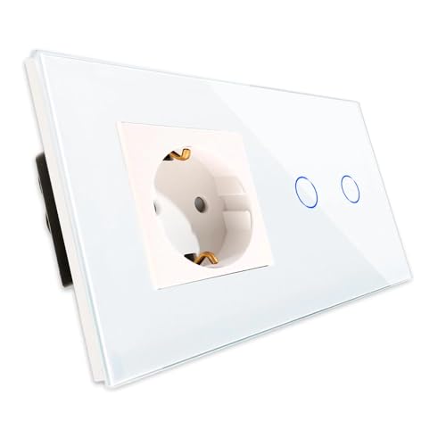PULSAR Touch Lichtschalter Doppelt mit Steckdose 2 Fach Glas Weiß - Serienschalter Touch Lichtschalter 110V - 240V mit Status-LED - Schuko Steckdose Unterputz 230V 16 A