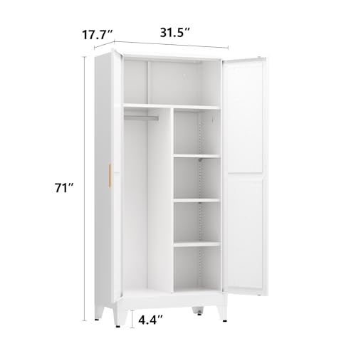 Metal armoire Wardrobe Closet with Hanging Rod,71'' Metal Wardrobe Cabinet with 2 Doors and 4 Adjustable Shelves, Bedroom armoires,Laundry Room cabinets,armario de ropa Closet(Modern, White) - Image 4
