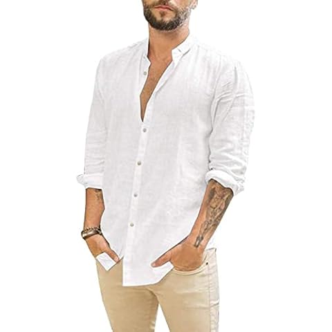 AUMELR Mens Linen Shirts Casual Button Down Henley Shirts Cotton Summer Beach Grandad White Shirt XL Cover