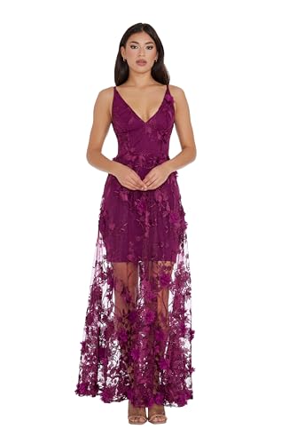 Dress the Population Womens Embellished Plunging Gown Sleeveless Floral Long Dress, Dark Magenta Sidney, Small