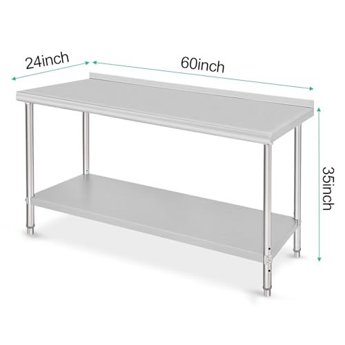 Image of 60x24x35inch Double Layer Stainless Steel Prep Table No Caster Wheels with Backsplash