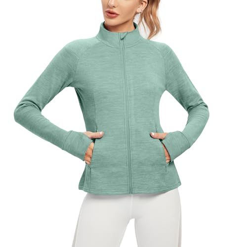 TIHEEN Womens Fleece Zip Up Jacket, Long Sleeve Warm Soft Polar Coat with Pockets and Thumb Holes (Green L)