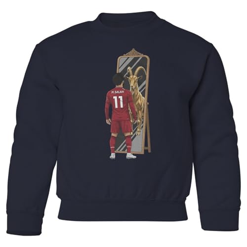 Tutiinca Goat In A Mirror Salah Tribute - Liverpool Inspired Youth Crewneck Sweatshirt (Navy, Youth Large)