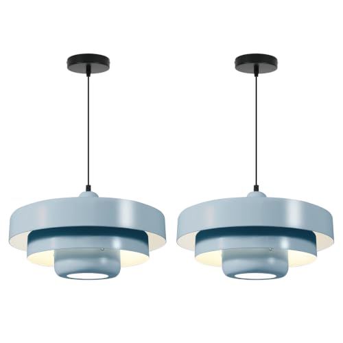 Image of 2-Pack Light Blue Metal Pendant Light, Mid Century Hanging Light Fixture, 59 Inch Adjustable Wire, E26 Lamp for Dining Table, Kitchen Island, Foyer