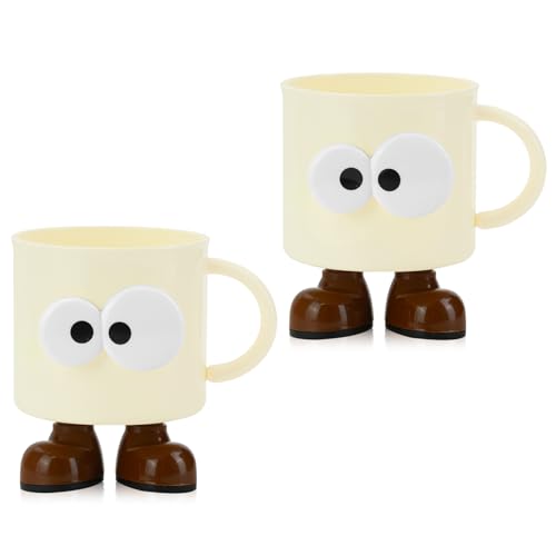 RETON Paquete de 2 vasos de cepillo de dientes de dibujos animados con asa, soporte de plástico para cepillos de dientes para niños con bonito diseño de ojo grande, taza de baño irrompible para
