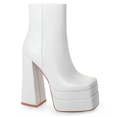Image of ANN CREEK Women's Double Platform Ankle Boots Chunky Heel Booties Side Zipper Square Toe High Heel Casual Boots