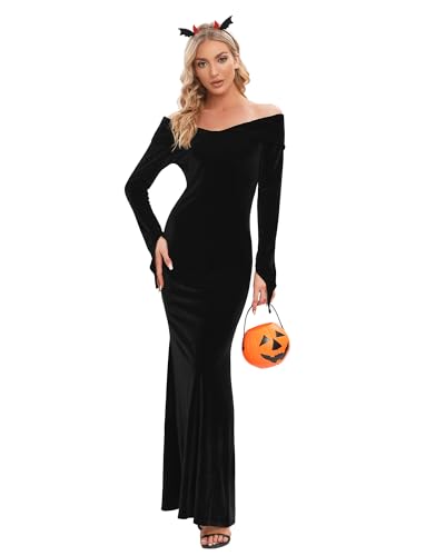 YAOBAOLE Sexy Halloween Karneval Kleid Damen Langarm Samt Renaissance Partykleid Damen Kostüm Cosplay Outfit Maxi Kleid Damen Zurück Split Schwarz S