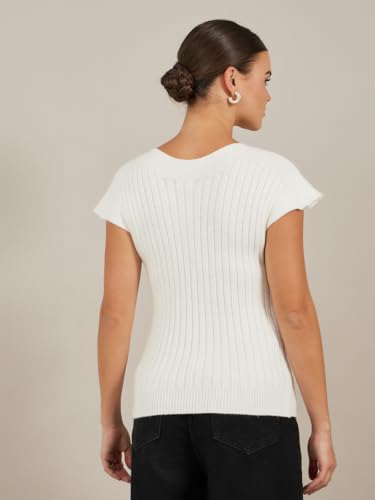 بلوزة منسوجة مضلعة برقبة شكل V واكمام قصيرة على الكتف للنساء من ستايلي، مقاس L، لون ابيض