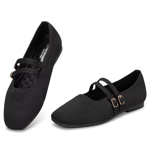 Frank Mully Women's Flats Square Toe Mary Jane Shoes Ballet Flats with Strap Comfortable Slip On Knit Shoes Dressy Casual2
