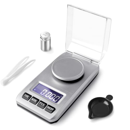 Muaket 0,001g/50g Báscula Precisión Digital, Miligramos Báscula Cocina con Pesas de Calibración, Balanza Precision para Pesar Polvos, Joyas, Medicamentos, Bascula Gramos con Pinzas, Platillo, Plata