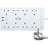 ShaniTech 2x USB and 8 Way Gang Power Surge Protected Travel Adaptor Extension Lead With power Light 2M for Belgium Denmark Egypt France Germany Refer to Description for Full Country List White