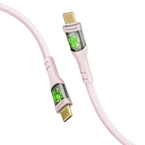 Image of Promate USB-C to USB-C Cable, Premium 60W Power Delivery Type-C Cable with Transparent Shells, 480Mbps Data Sync and 120cm Nylon Braided Cord for Galaxy S22, iPad Air, TransLine-CC-Pink