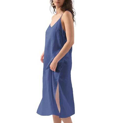 Image of Amazhiyu Women's Pure Linen Summer Midi Split Slip Dress | V Neck, Spaghetti Strap, with Pockets