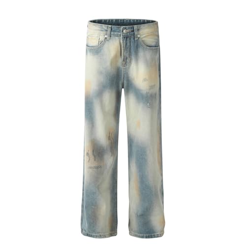 Jeans Pants Trousers Denim Retro Street Trendy Straight Tube Personalized Blended Wash Blue Commuter for Men
