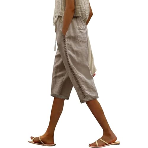 Cotton Linen Shorts for Women Casual Loose Beach Cropped Pants Summer Linen Wide Leg Shorts Pants Pockets