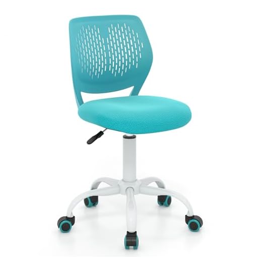 Giantex Low-Back Computer Desk Chair, Adjustable Kids Desk Chair Small Home Study Chair, Swivel Armless Mesh Task Office Chair w/Adjustable Height & Lumbar Support (Turquoise)
