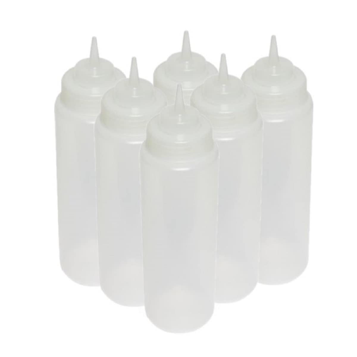 TrueCraftware- 24 oz Clear Squeeze Condiment Wide Mouth Dispensing Bottles Set of 6- Leak Proof Oil Syrup Dressing Squirt Bottles Easy-to-Fill Squeeze