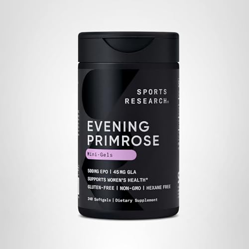 Sports Research Evening Primrose Oil (500mg) Cold-Pressed with No fillers or Artificial Ingredients, Non-GMO Tested - Gluten & Soy Free (240 Liquid Softgels)