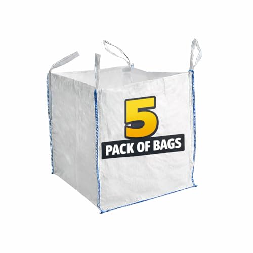 5 x 1 tonne bags Builders 1 Tonne Builders Bags Heavy Duty Bulk FIBC Bags for Garden Waste Sand Aggregate Construction & Storage White Jumbo Dumpy Bags 85x85x85cm with Lifting Loops