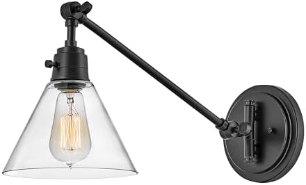 Hinkley Arti Single Light Swing Arm Wall Sconce, Adjustable, On/Off Switch, Plug-in Cord, Two Pivot Points, Modern Industrial, Black with Clear Glass Shade