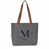 Wanapix | Bolso Gris Personalizado de Fieltro | Bolso de Hombro tipo Shopper | Personaliza con Inicial y Nombre | Asas Largas Reforzadas | Bolsa Ecológica | Regalo Ideal para Mujer | Ramita con Hojas