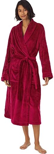 HOLOVE Fleece Bathrobe with Shawl Collar Winter Robes for Women Full Length Plush Warm Nightwear (Red, S/M)