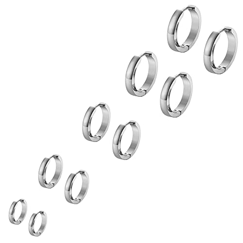 Bo Win 5 Pares Acero Inoxidable Pendientes Aro pour Hombre Mujer Niña, Pendientes Hombre Aro, Pendientes Mujer Plata Aros, Pendientes Plata Hombre, Pendientes Oreja Plata Hombre Mujer Pequeños 7-16MM Cover