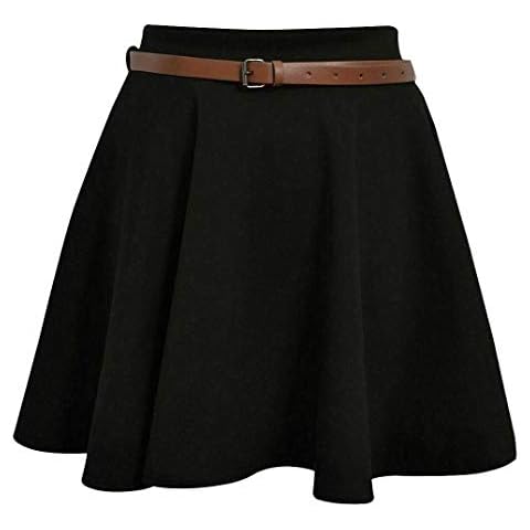 TrendyFashion Skater Belted Skirt Stretch Waist Plain Flippy Flared Jersey Short Skirt Womens Size 8-22 (Black UK 16-18) Cover