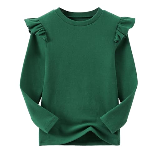 Ugitopi Camiseta de manga larga de algodón para niña con mangas rizadas, cómoda camiseta de cuello redondo para todos los días, verde oscuro, 7 años
