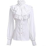 Drivstraw Blusa victoriana para mujer, camisa gótica Lolita con mangas largas y detalle de volantes de loto, camiseta de cuello alto de estilo vintage, tela de poliéster no elástica (S blanco)