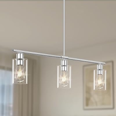 Yarlkav Kitchen Island Lighting, 3 Lights Linear Chandeliers Rectangle Pendant Light Fixtures for Dining Room Farmhouse Hanging Light with Glass Shades(Chrome)