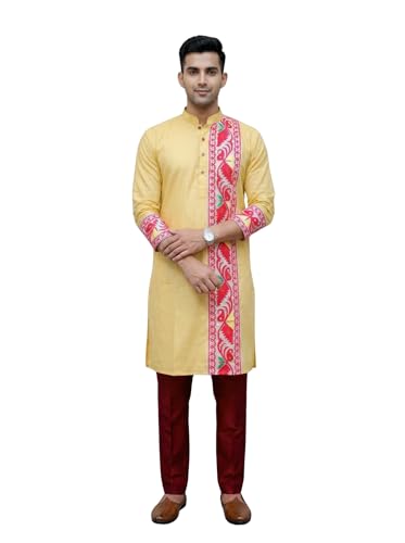 Image of Men's Jamdani Printed Kurta Pajama Set | Pure Cotton Ethnic Kurta with Mandarin Collar & Dupion Silk Pyjama | Festive & Weddings 303A12A 303SB12B(M XXL)
