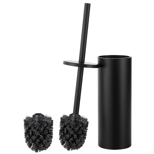 GERUIKE Escobillas de Baño Negro Aceros Inoxidable en Suelo Escobilla WC con Soporte Escobilla - Escobillero Baño con 2 Cabezal de Cepillo para Inodoro y Portaescobillas Mate