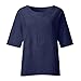 Linen Shirts Solid Color Basic 3/4 Sleeve Tops 2025 Crewneck Casual Pleated Blouses Summer Vacation (Dark Blue, L)