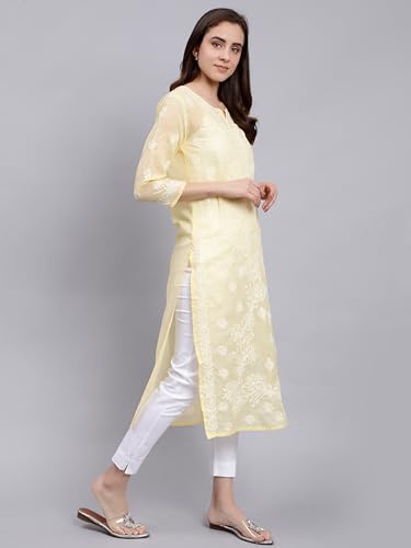 Image of Seva Chikan Hand Embroidered Lucknowi Chikankari Terivoil Cotton Regular Fit Straight Kurta for Women SCL4351