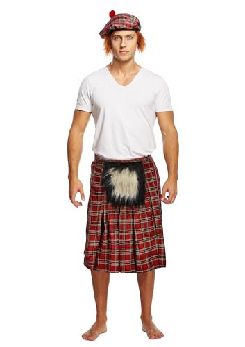 HENBRANDT Adult Men's Scottish Highlander Kilt with Sporran Fancy Dress Costume - Red Tartan Traditional Outfit for Burns Night, Halloween, Stag Parties, Cosplay, One Size Fits Most
