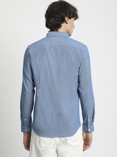 Image of The Bear House Men's Blue Solid Spread Collar Shirt with Brand Logo on Patch Pocket