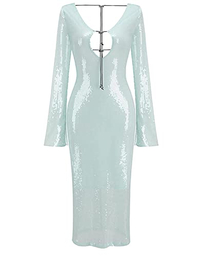 Image of Women's V Neck Long Sleeve Glitter Sequins Mermaid Evening Gown Dress