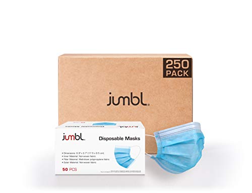 Jumbl Blue Disposable Face Masks | Protective 3-Ply Breathable Comfortable Nose/Mouth Coverings for Home & Office | Elastic Ear Loop 3-Layer Safety Shield for Adults/Kids | Pack of 250 Ships from USA