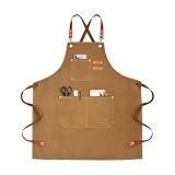 OUNLEN Chef Apron for Men Women Canvas Aprons with 3 Pockets Cross Back Resistant Work Apron for Cooking Grilling Baking BBQ Barber Kitchen (Brown)