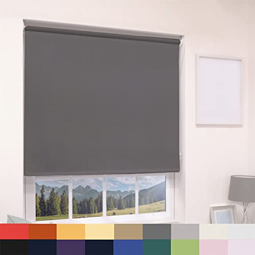 Dark Grey Blackout Roller Blind Metal Fittings Trimmable UV Protection Thermal Properties Premium Fabric Home Office Bedroom Kids Room Child Safe Easy Fit Grey 60cm Width x 210cm Drop