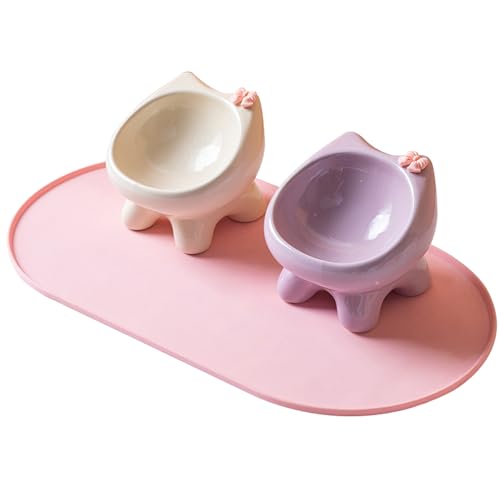 Image of Ceramic cat bowl with mat, 2-piece set, cat shaped cat food and water container (Beige+Purple)
