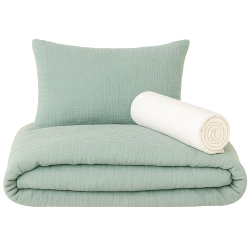 Lenzuolo con angoli 80 x 160 cm + copripiumino (100% mussola cotone) 120 x 170 cm + federa per cuscino (100% mussola cotone) 40 x 60 cm – Set 3 pezzi 80 x 160 cm – morbido e arioso (Eucalypto, 80 x