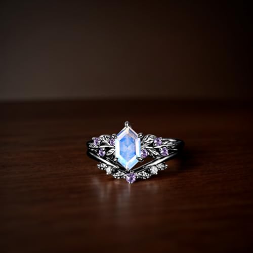 S925/10K/14K/18K Solid Gold Long Hexagon Gemstone Vintage Engagement Ring Set Leaf Unique Vine Gemstone Wedding Anniversary Ring Set Black Gold Bridal Ring Set2