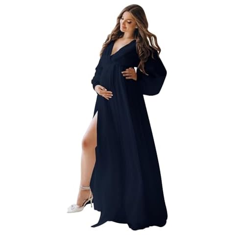 Zymhae Plus Size V Neck Maternity Dresses for Photoshoot Pleated Navy Blue Chiffon Nightgown Robes Long Sleeve Baby Shower Pregnancy Wedding Gown 4XL Cover