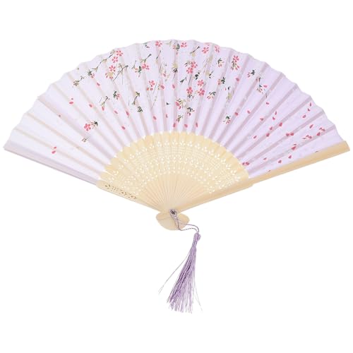 UTHCLO 古風な竹製絹折りたたみ扇子 レディース用 軽量携帯可能 花柄プリント 折り畳み式ハンドファン 舞台小道具や装飾に