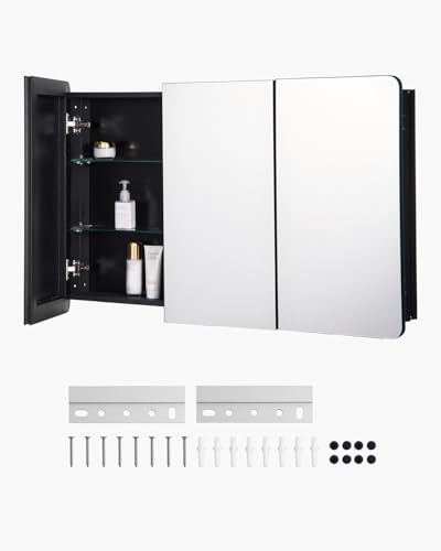 VEVOR Armadietto per Medicinali 1017 x 647 mm Armadietto per Medicinali a Specchio, 3 Ante a Specchio, Ripiani in Vetro Regolabili, Installazione a Incasso e a Parete, Telaio Alluminio di Alta Qualità