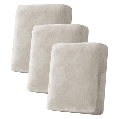 H.VERSAILTEX Velvet Stretch Couch Cushion Cover Plush Cushion Slipcover for Chair Loveseat Sofa Cushion Furniture Protector Seat Cushion Sofa Cover (3 Piece Sofa Cushion Covers, Oatmeal)