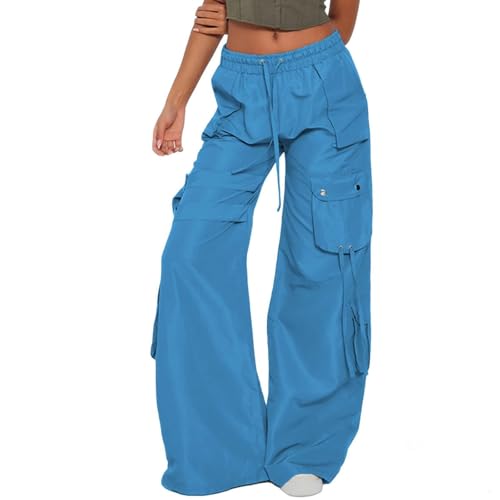 Pantalon long pour femme cargo bleu XL à taille haute et jambe large