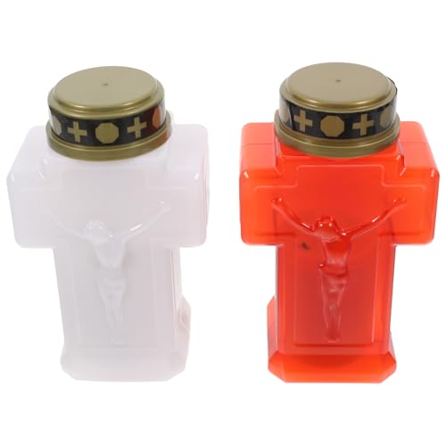 IWOWHERO 2piezas Luz De Cementerio Con Vela Parpadeante Decoración De Jardín Para Lámpara Sin Con Motivo De Cruz y Jesús Para Ceremonias Conmemorativas